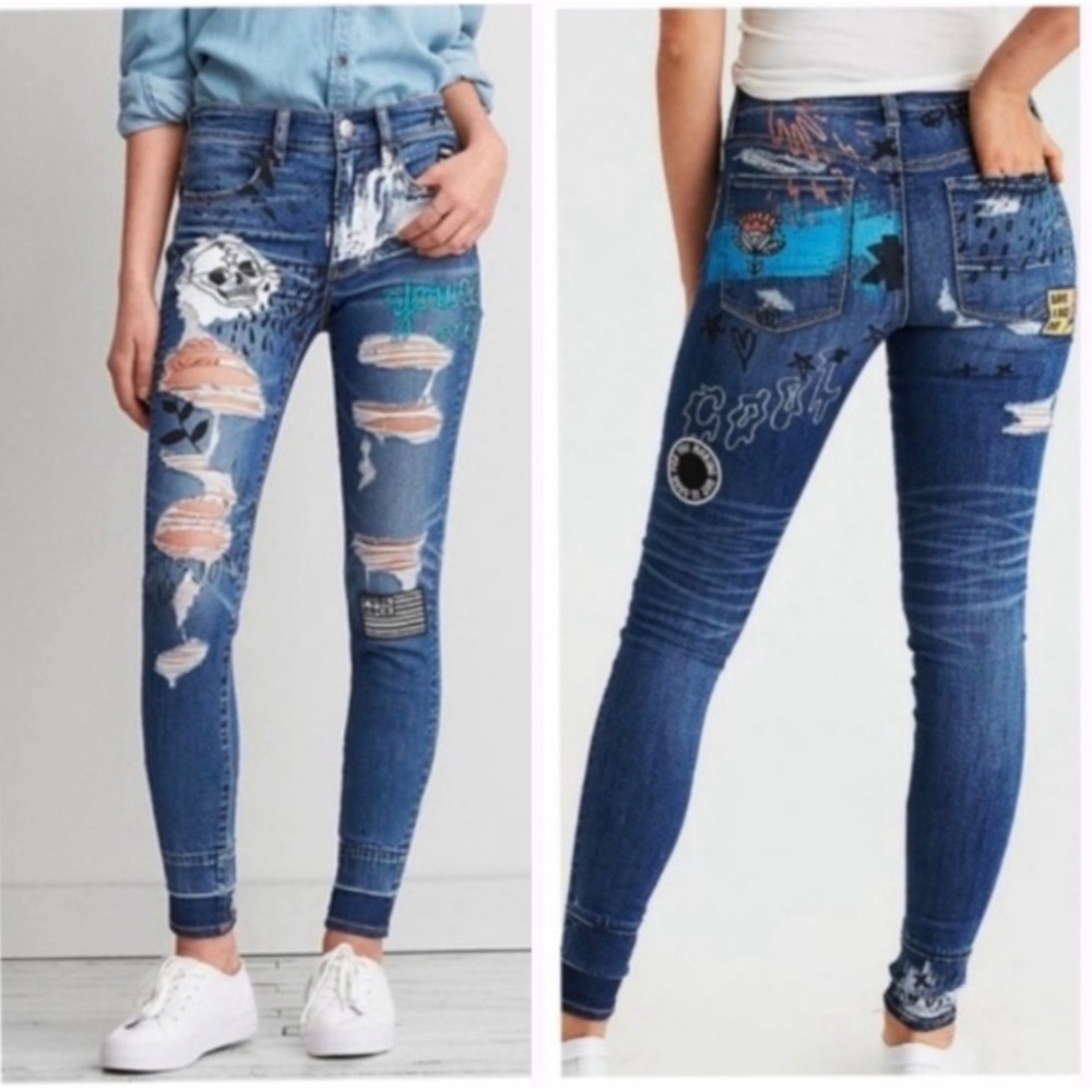 American Eagle Hi-Rise Jegging Women 12 Blue Distressed Punk Rock Graffiti Patch